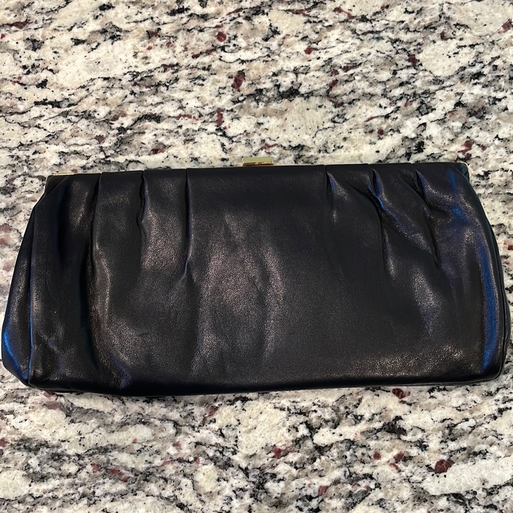 Etienne Aigner Black Leather Evening Clutch Gold Chain Leopard Lining